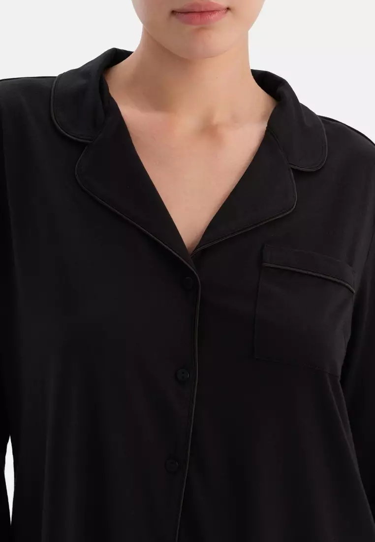 Black Shirt & Trousers Set, Regular Fit, Long Sleeve Sleepwear for Women