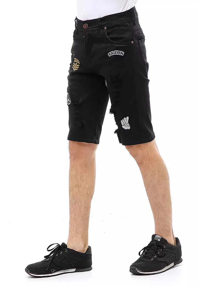 Locko Short Pants Ripped Jeans Celana Pendek Pria Sticker Motive Material Denim ORIGINAL - Black