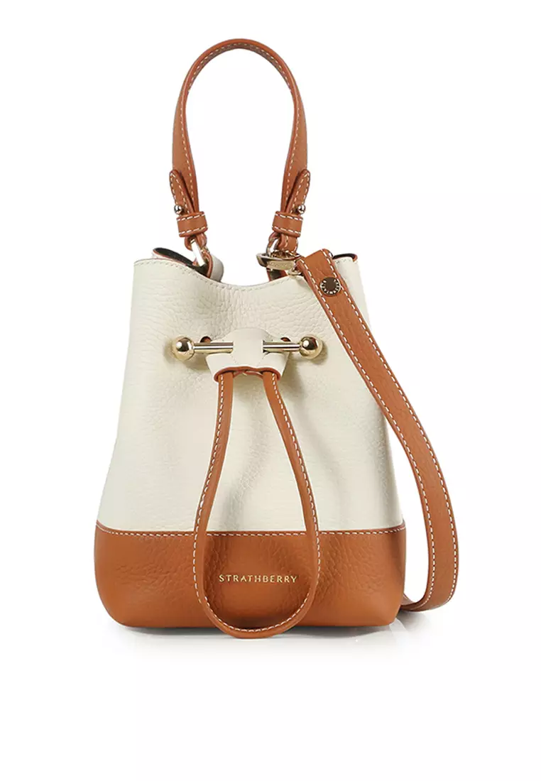 Strathberry Lana Osette Leather Bucket Bag in Vanilla/Tan