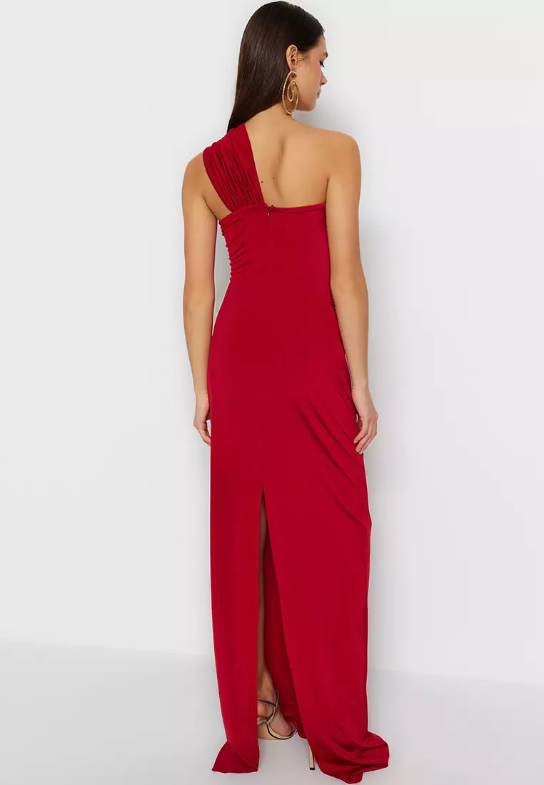 Asymmetrical Ruched Evening Maxi Dress