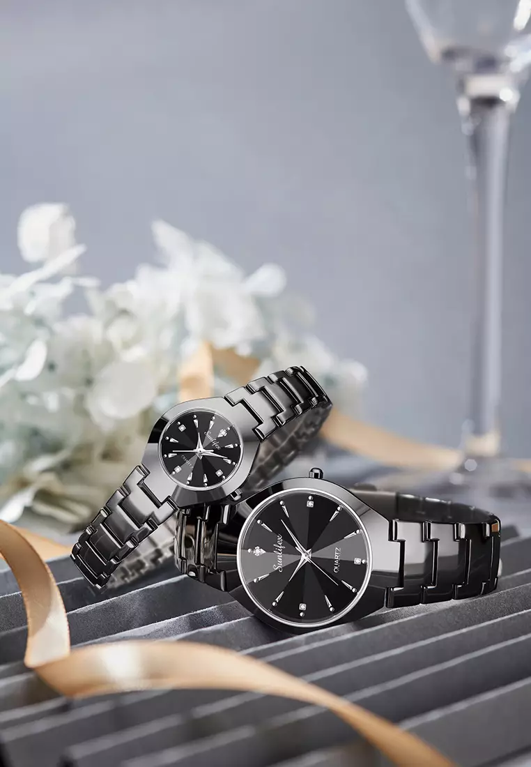 Jam Tangan Couple 9090-M+SL9090-W Stainless Steel Berlian Anti Air Analog Bisnis Kuarsa Jam Tangan Wanita/Pria allblack
