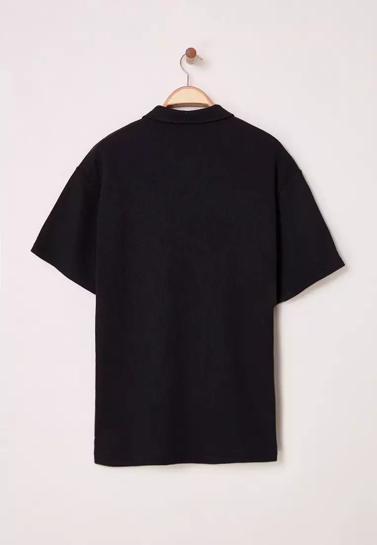 Black Oversize/Wide Cut Textured Zippered 100% Cotton Polo Neck T-shirt
