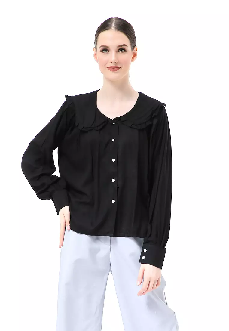 Adena Blouse Atasan Wanita Long Sleeve Kerah Rempel - Hitam