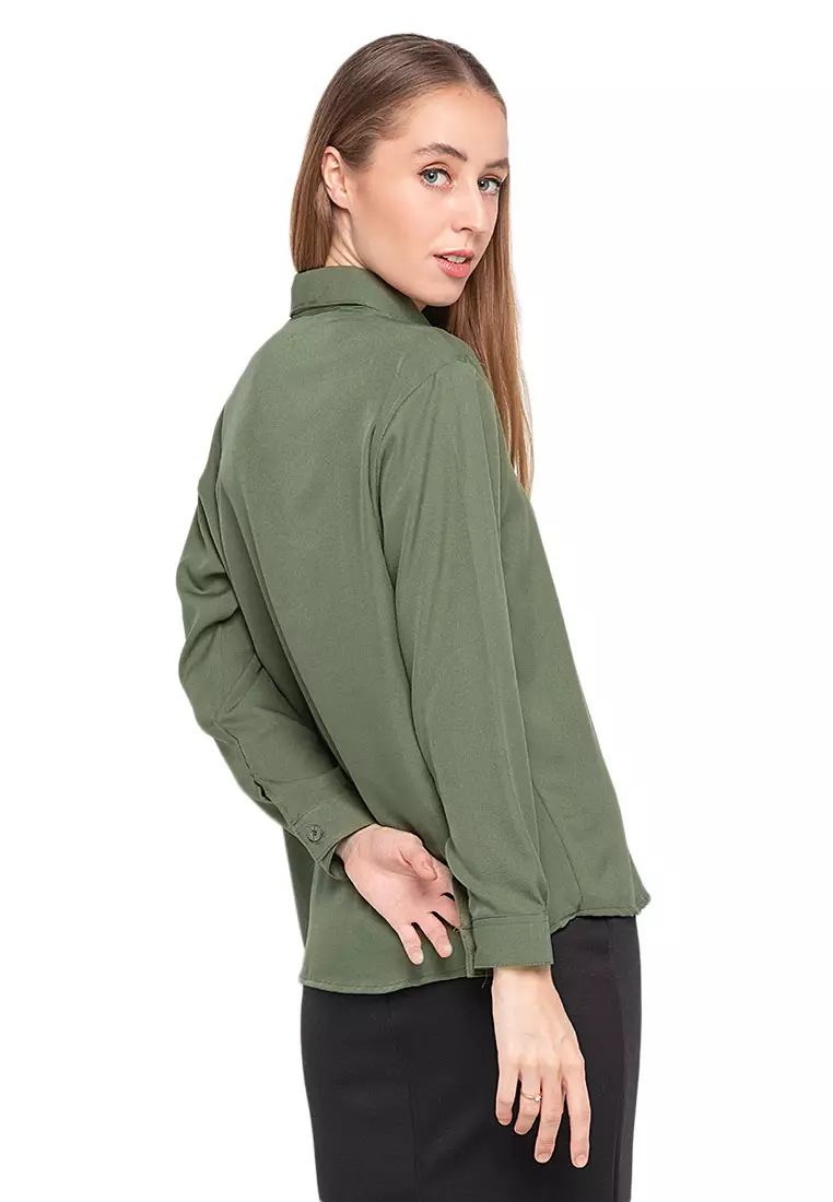 PrettyLArmyOriel Kemeja Atasan Lengan Panjang Shirt Wanita Design Basic Polos Regular Fit - Army