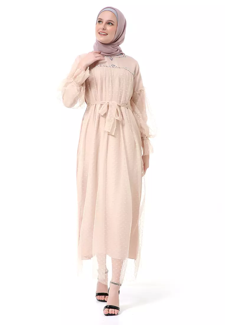 Varsha Dress Wanita Long Sleeve Motif Polos Polkadot High Quality - Almond Mote