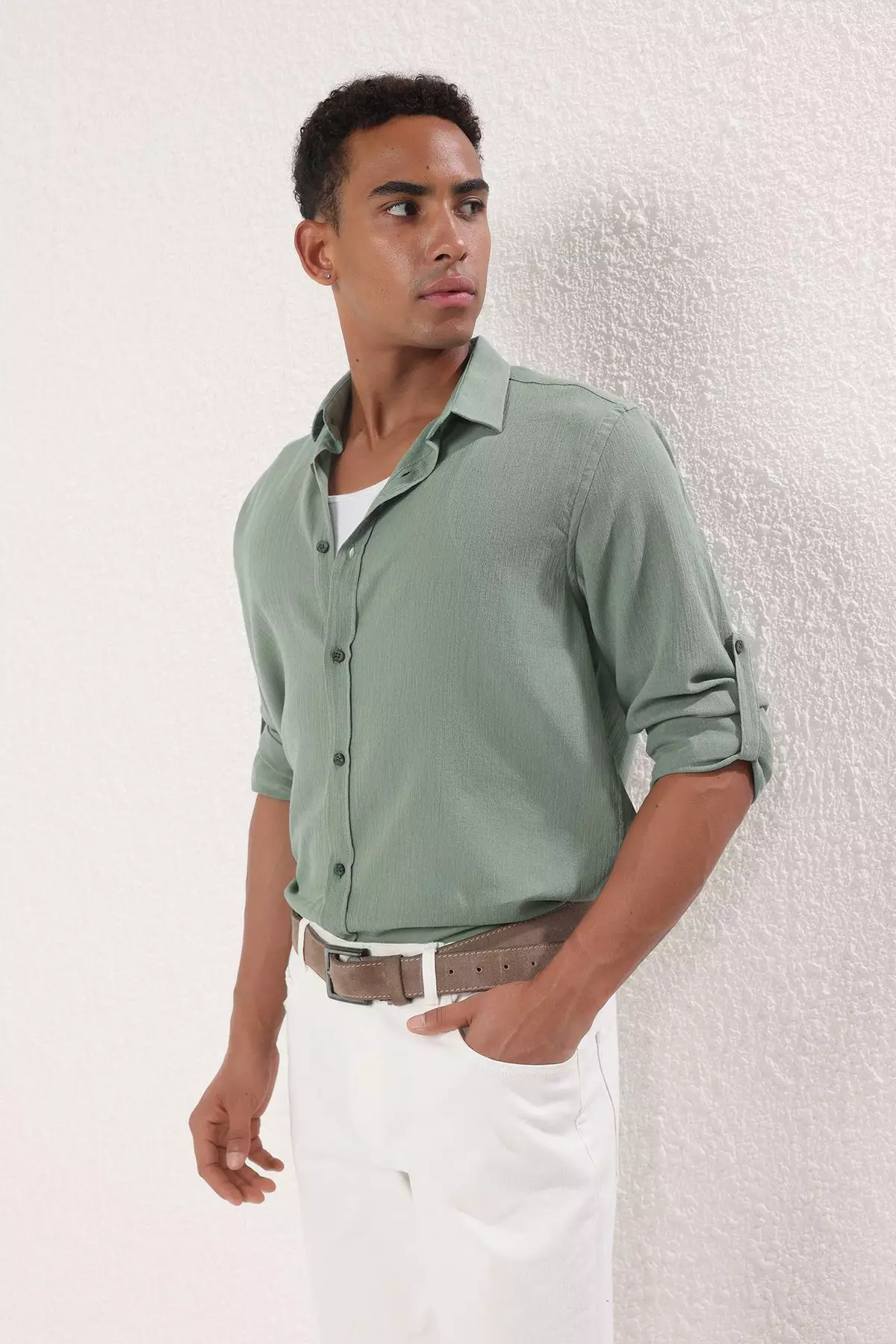 Khaki Regular Fit Epaulette Wrinkled Effect Linen Look Shirt TMNSS23GO00061