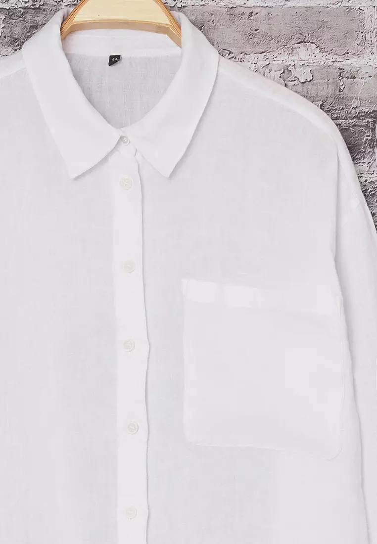 White 100% Linen Large Size Shirt Tbbss25Ax00021