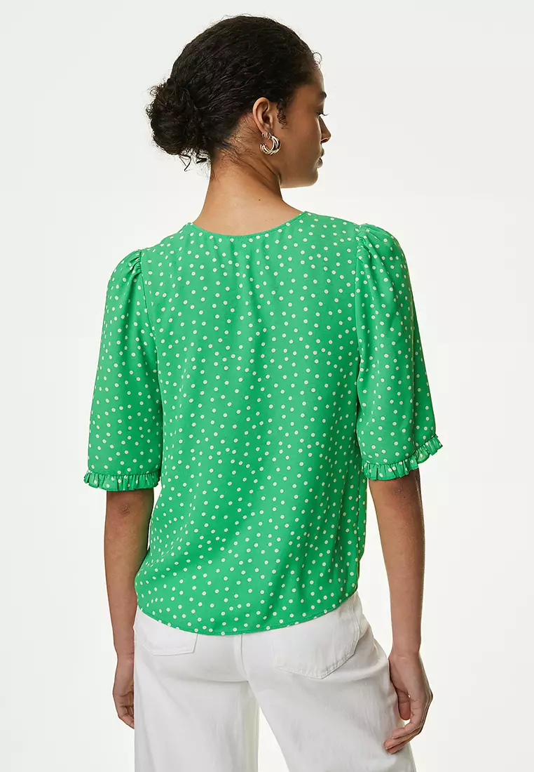 Printed V-Neck Puff Sleeve Blouse