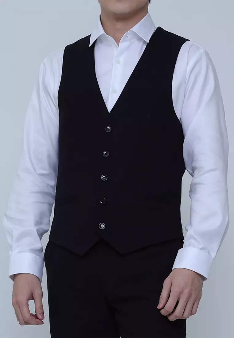 Solid Black Suit Separate Vest with Stretch