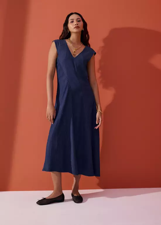 Dress Wanita - Chambray Panelled Cap Sleeve Fit & Flare Midi Dress