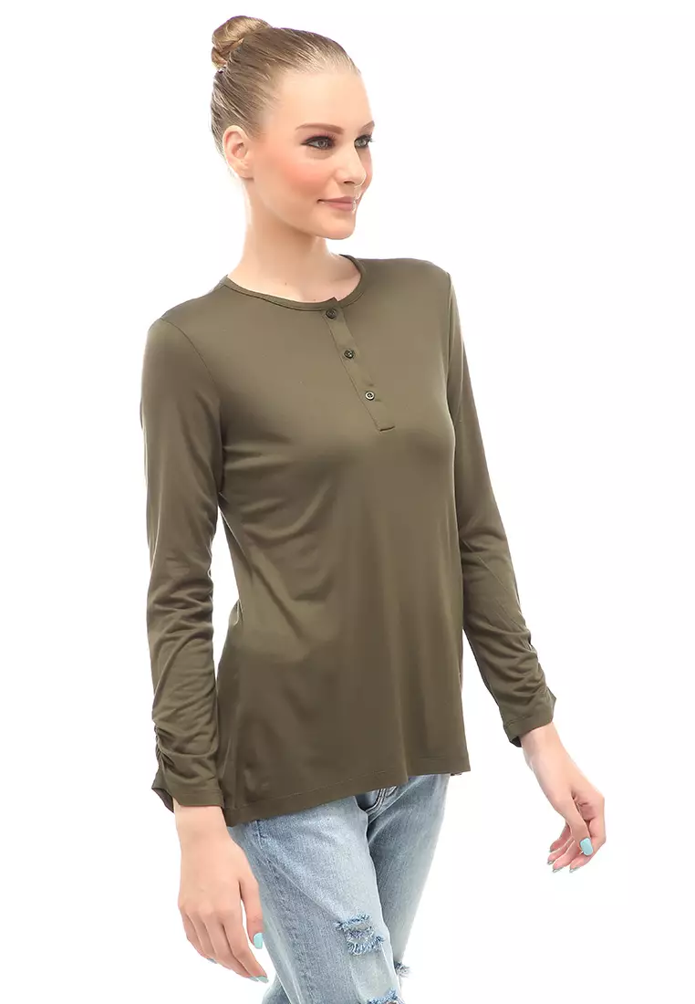 Kaos Wanita Lengan Serut Motif Solid Design Simple Relaxed Fit - Army Green