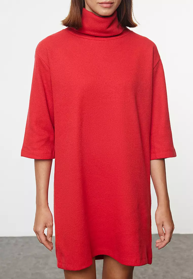 Red Turtleneck Shift/Straight Mini Thessaloniki Long Sleeve Knitted Dress TWOAW20EL1110