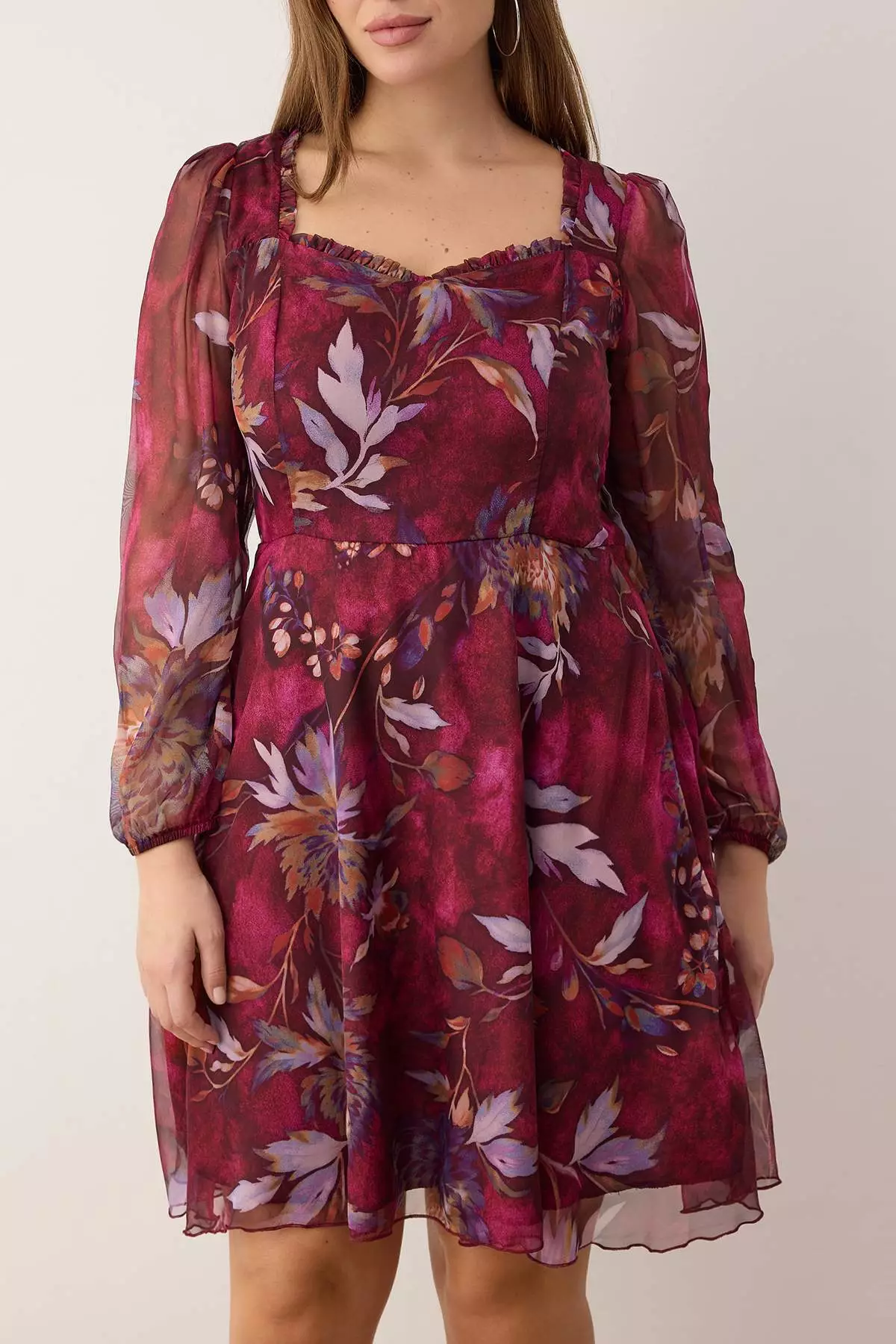 Burgundy-Multicolor Chiffon Mini Woven Plus Size Dress Tbbaw26Ah00004