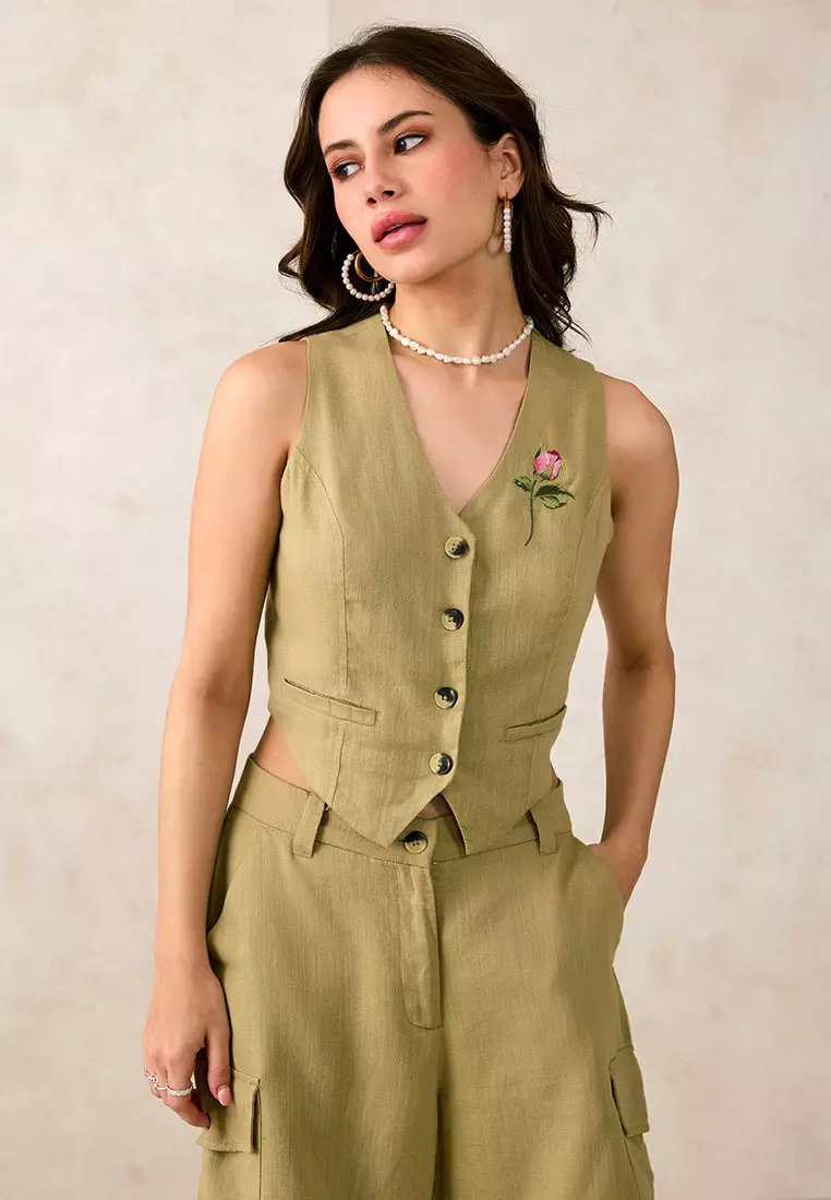 VIRGIO Linen Olive Rose Embroidered Vest