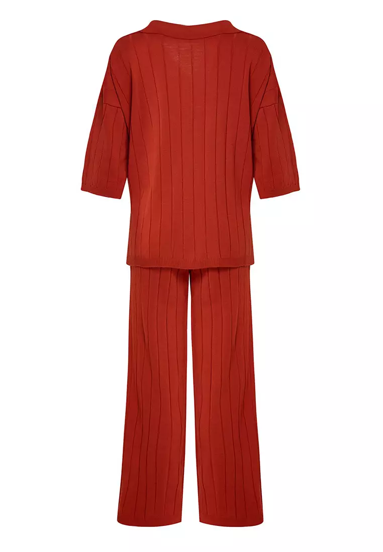 Tile Wide Pattern Basic Ribbed Knitwear Bottom-Top Set Twoss23Au00029