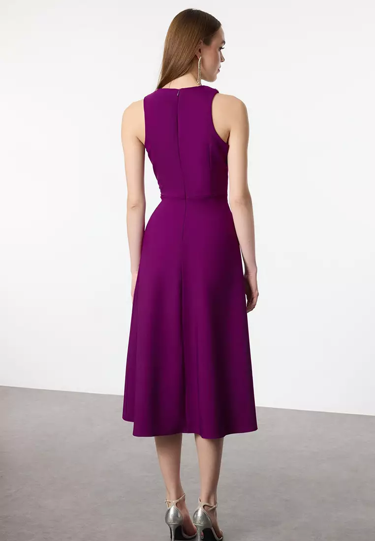 Plum A-Cut Stone Accessory Woven Evening Night Graduation Dress TPRSS24EL00178