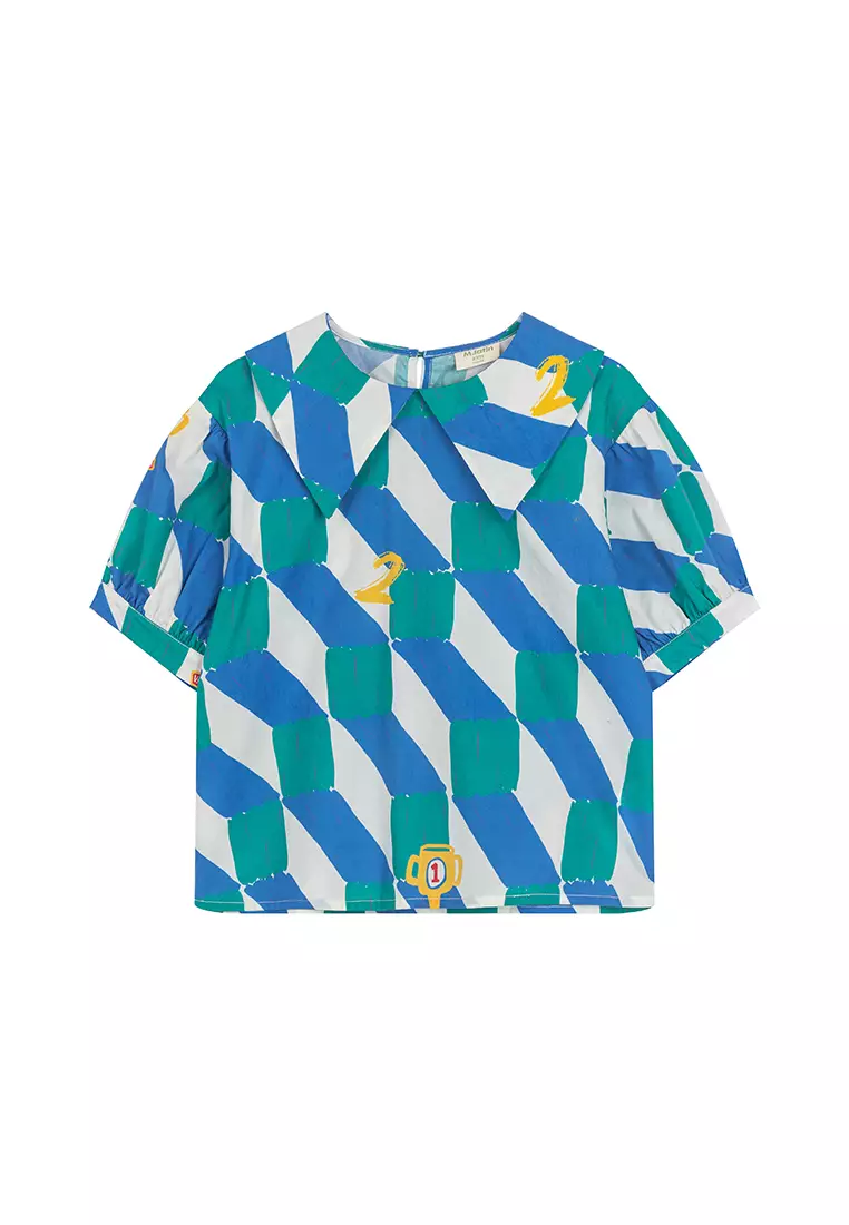 女大小童短袖衬衫复古印花大方领上衣