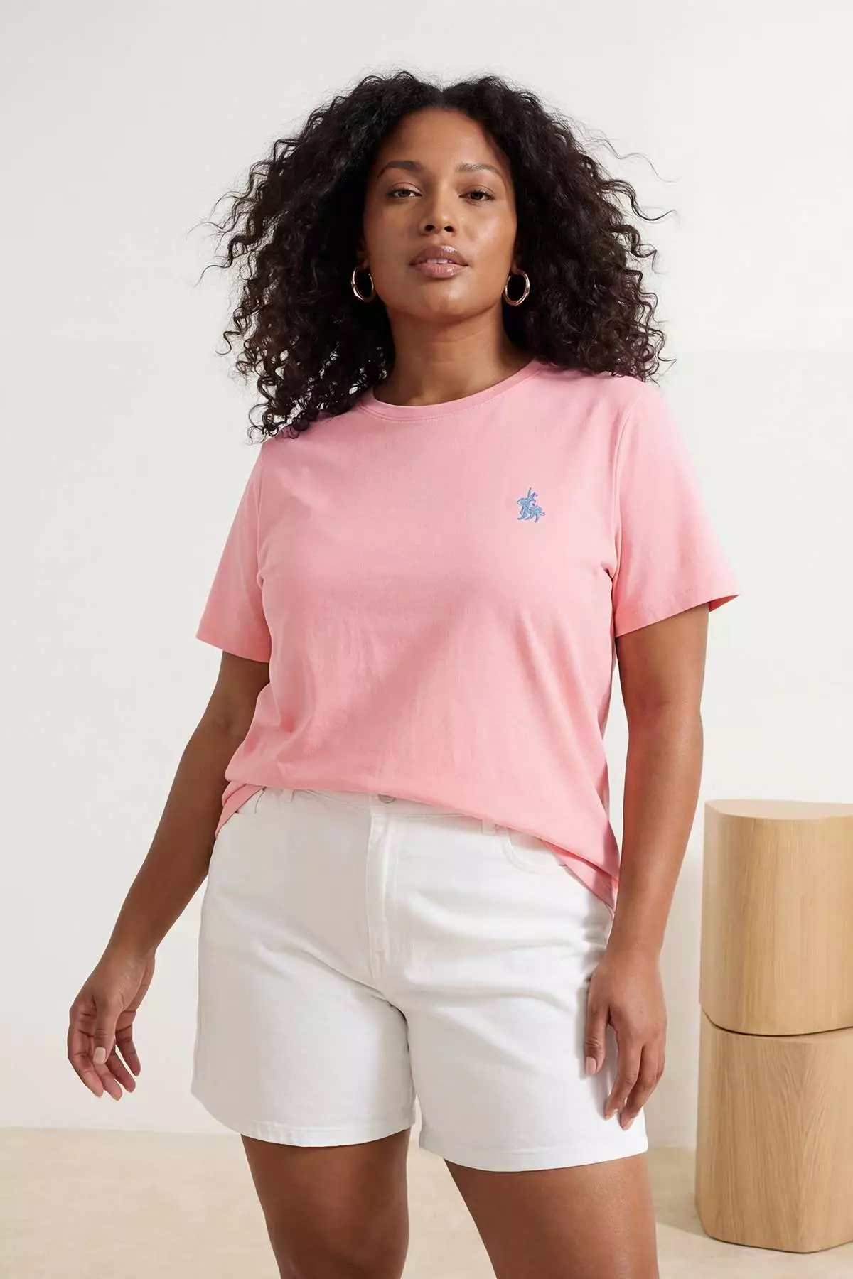 Pink Crew Neck Embroidery Detailed Regular Fit Plus Size T-Shirt Tbbss26Bf00032