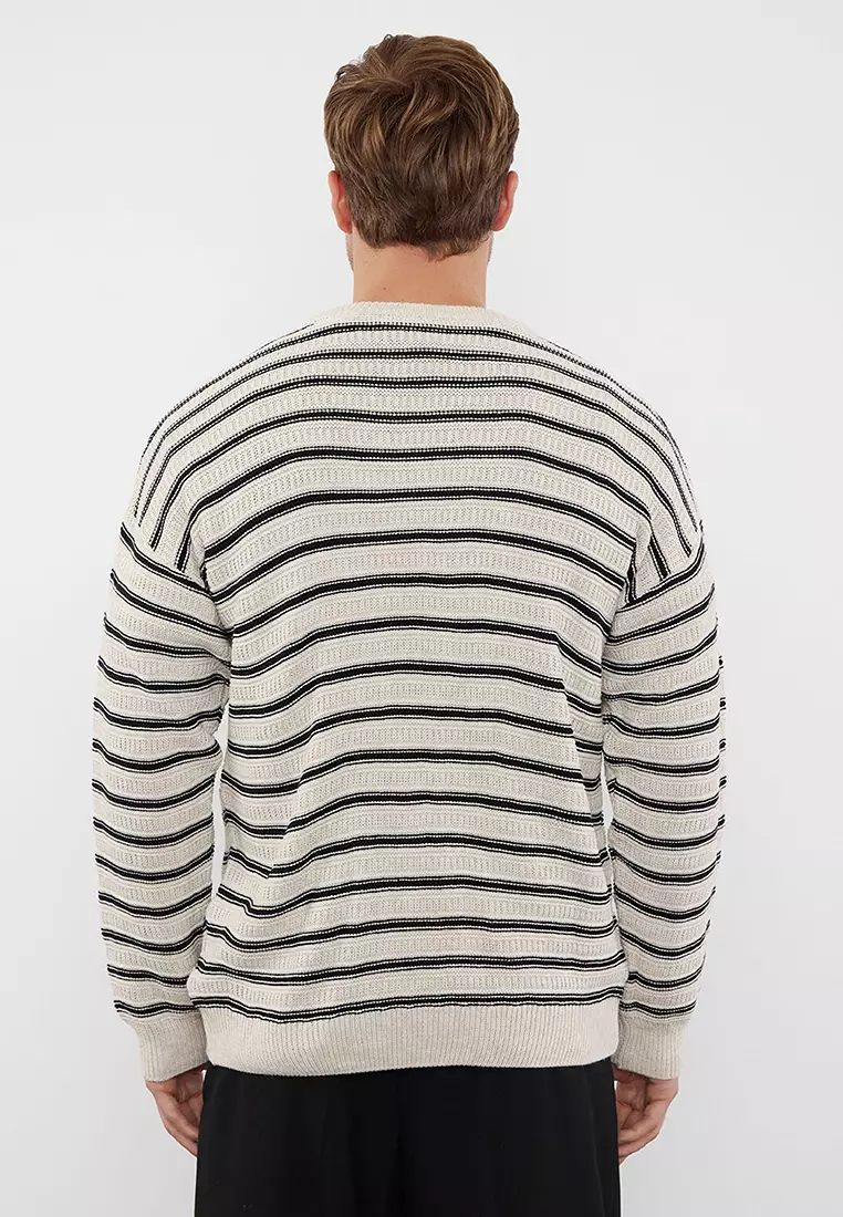 Beige Casual Unisex Crew Neck Striped Knitwear Sweater TMNAW25KZ00025