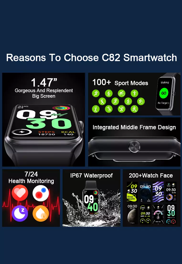 SmartBand C82 SmartWatch Multi-Sport Layar Terang 1.47'' Bluetooth Fitness Tracker Jam Pintar black