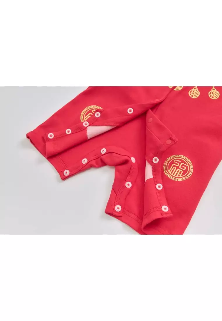 嬰兒紅色唐裝漢服連體衣如意鎖拜年服