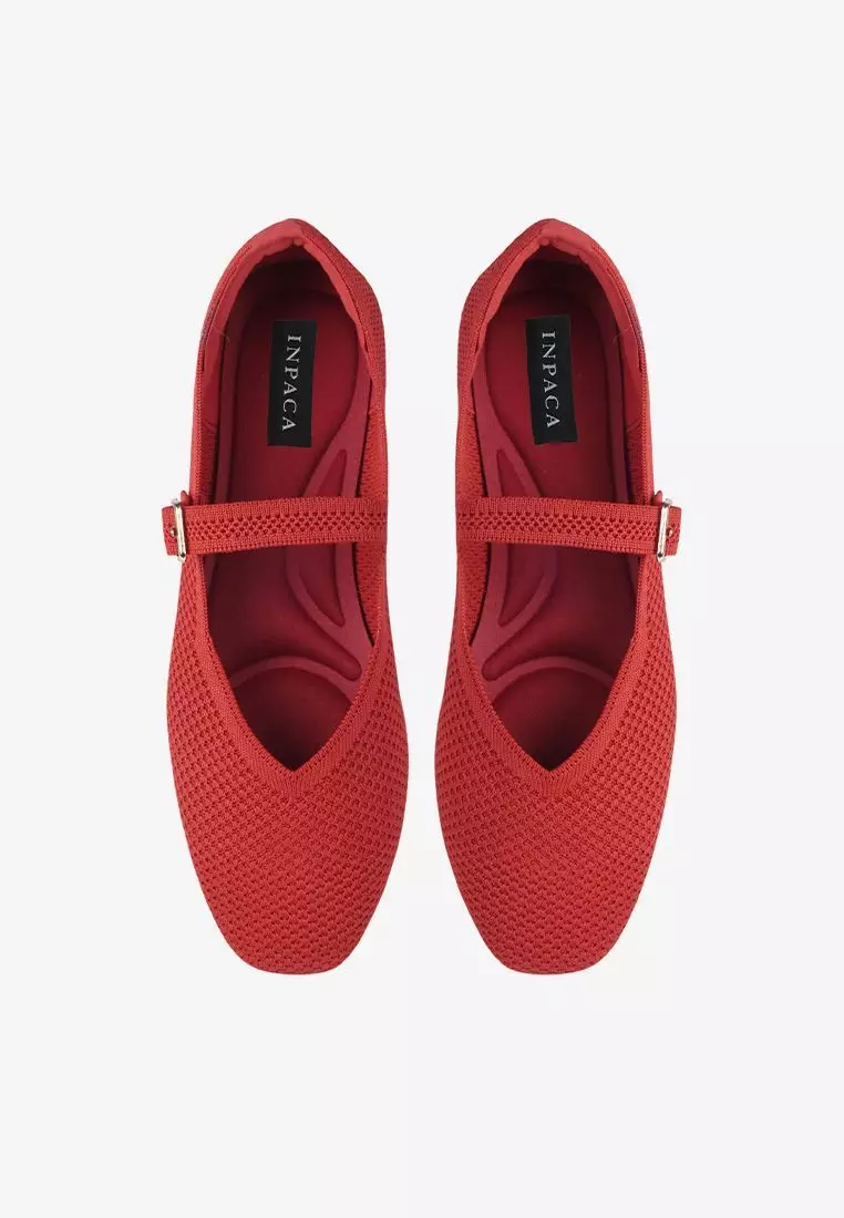 Maia Ballerina Knit Flatshoes Square Toe Mary Jane in Red