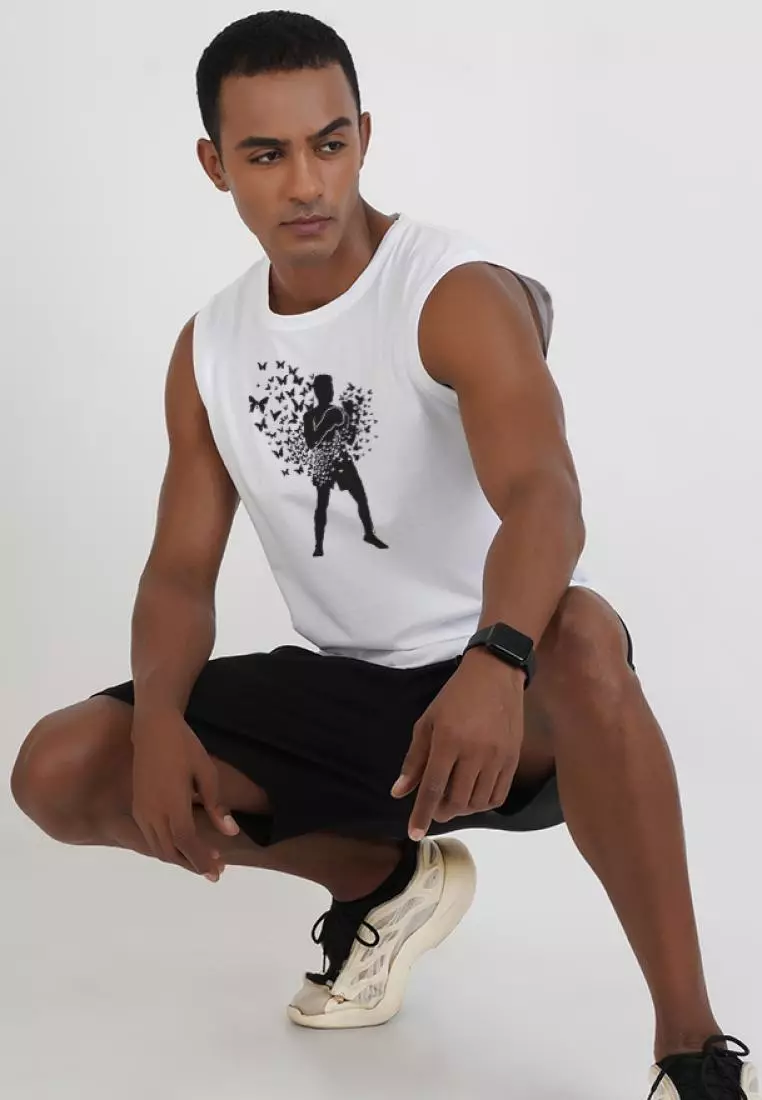 Boxing Print Graphic White Cotton Sleeveless Workout/Training Tank