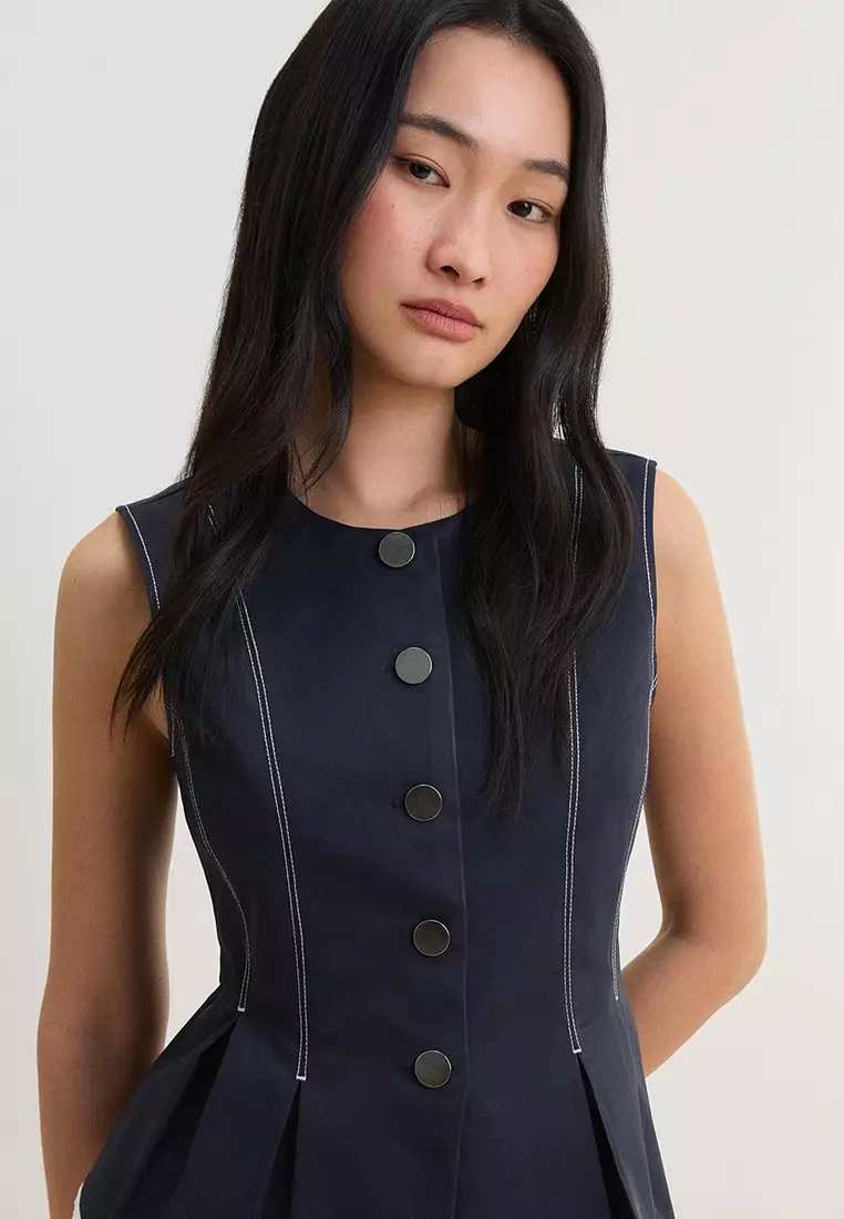 Tailored Button Front Vest - Navy