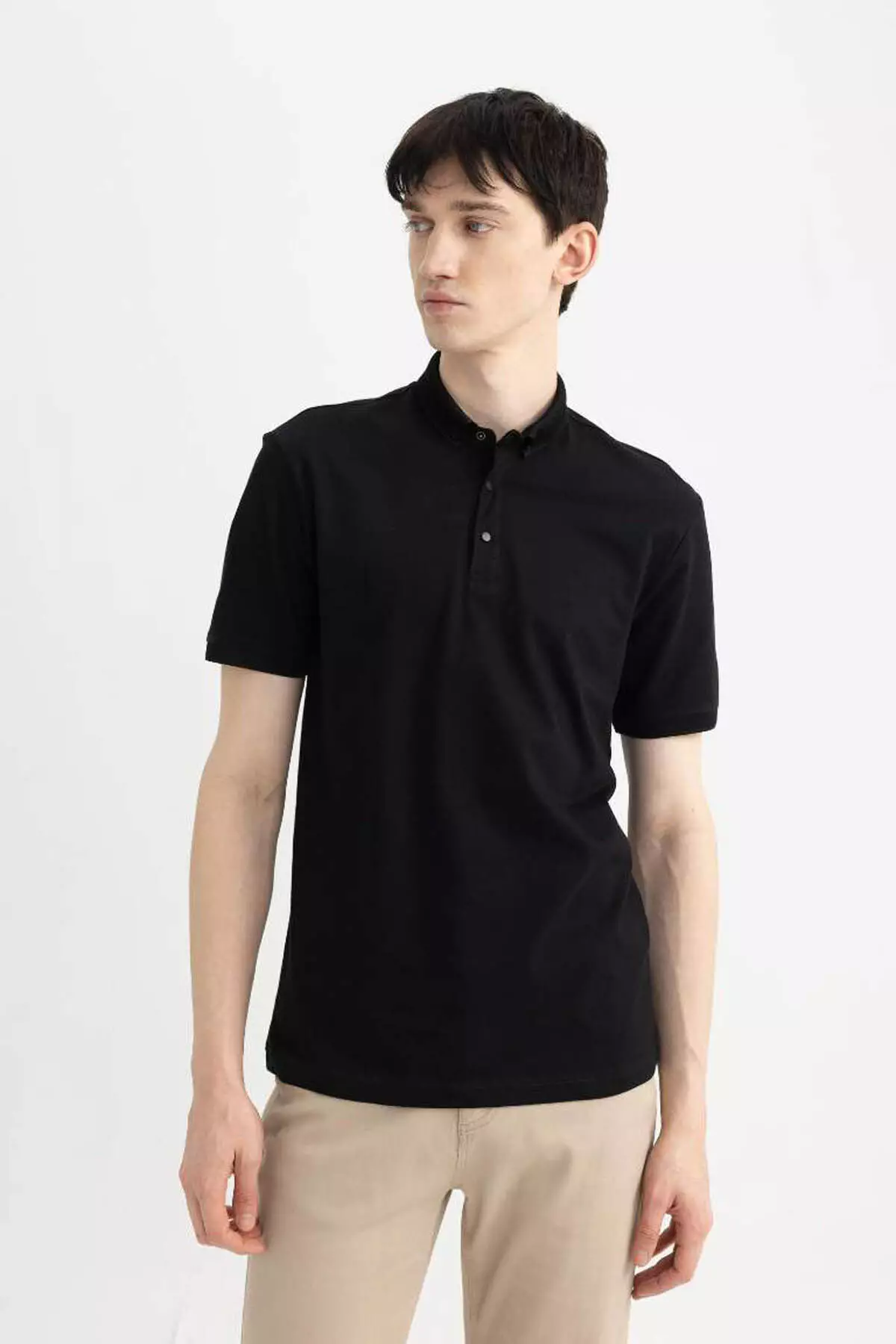 修身剪裁 修身剪裁 短袖 紋理 基本款 淨色 黑色 Polo T恤 T5259Az25Sm