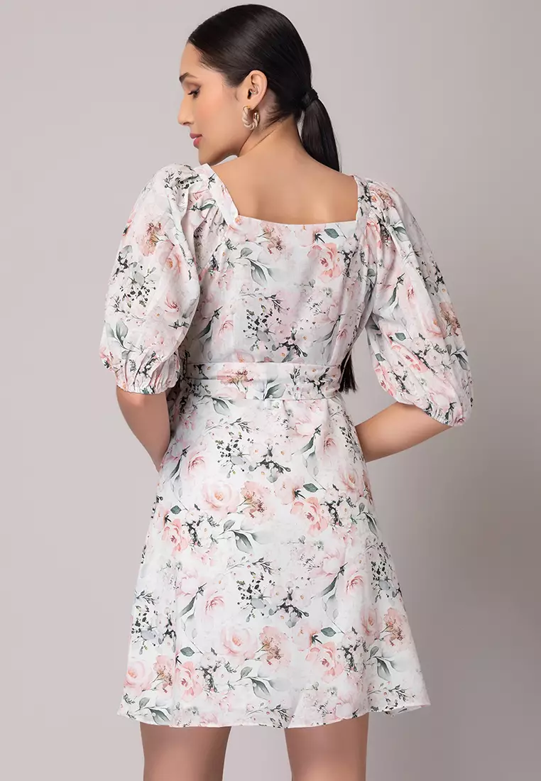 White Floral Print Cotton Dress With Fabric Belt
