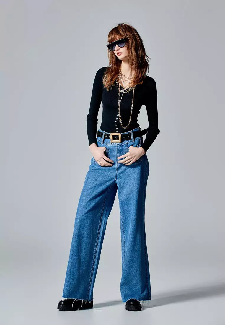 Navy V-Neck Long Sleeve Top