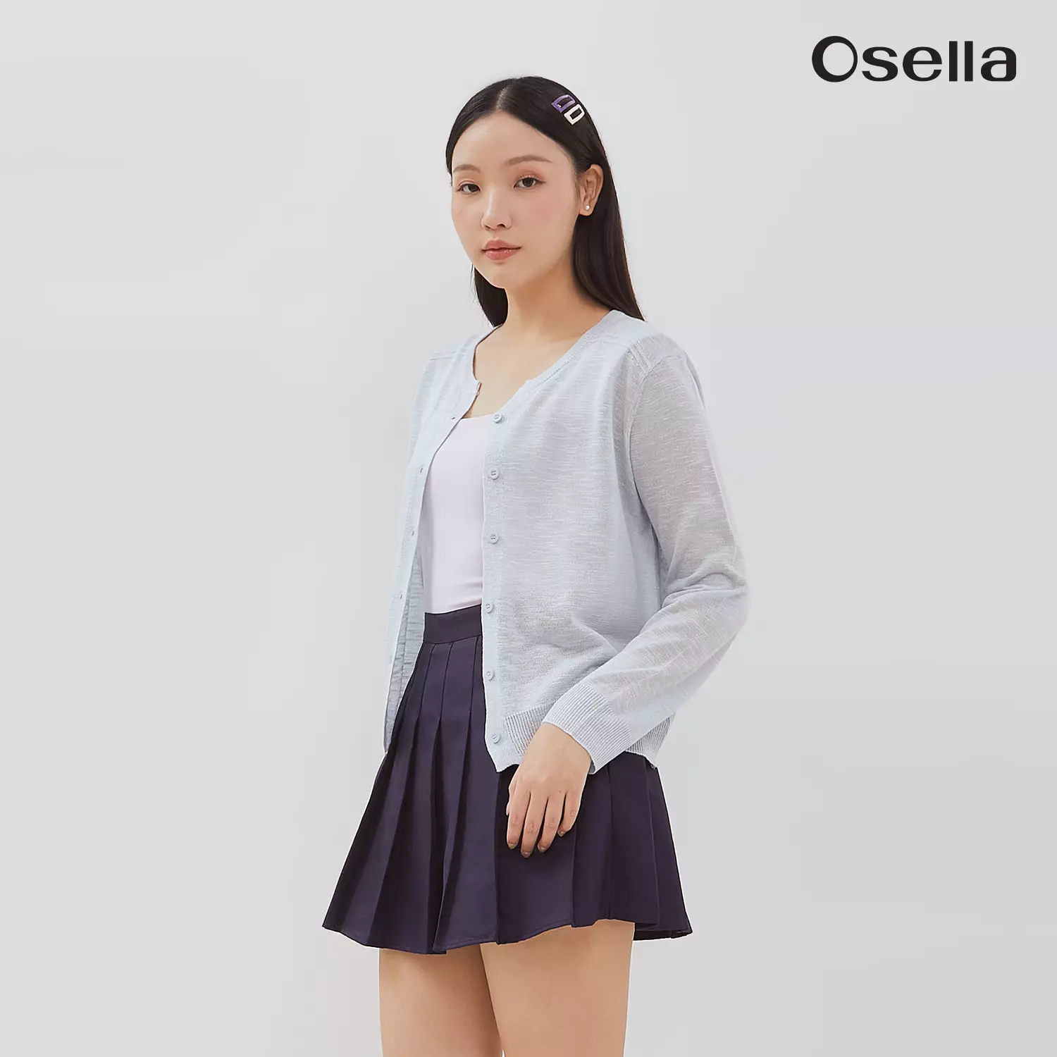 Osella Nuella Plain Knit Cardigan Baby Blue 2161500535 | Cardigan Rajut Wanita