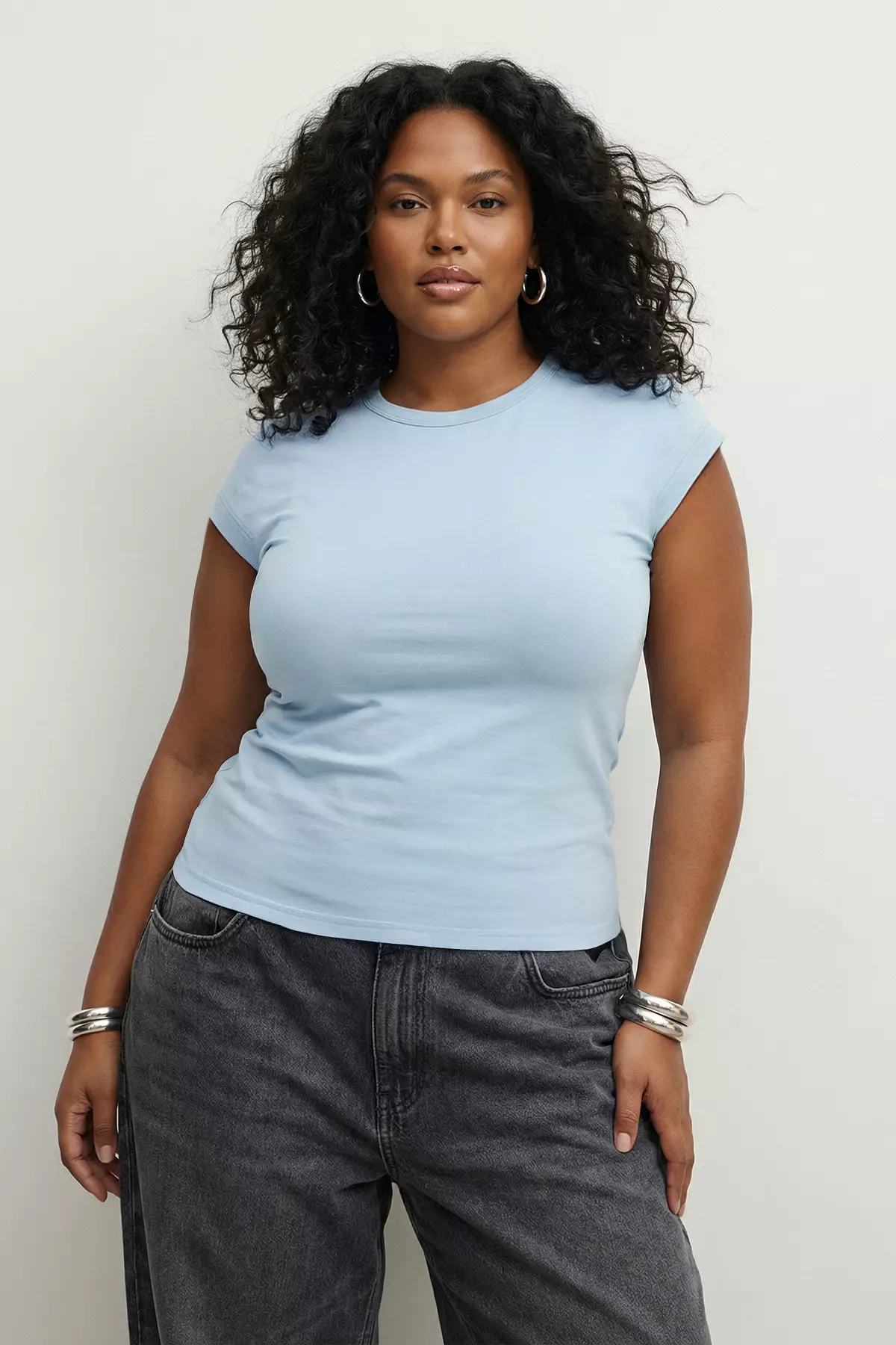 Light Blue Viscose Ribbed Flexible Comfortable Basic Knitted Plus Size Blouse Tbbss26Af00053