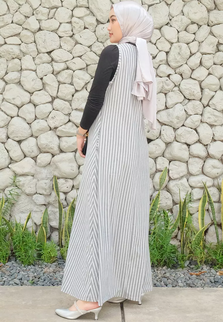 JV Hasanah Sheilla Sleeveless Big Stripes Dress Silver | Gamis Kensy Inner Salur