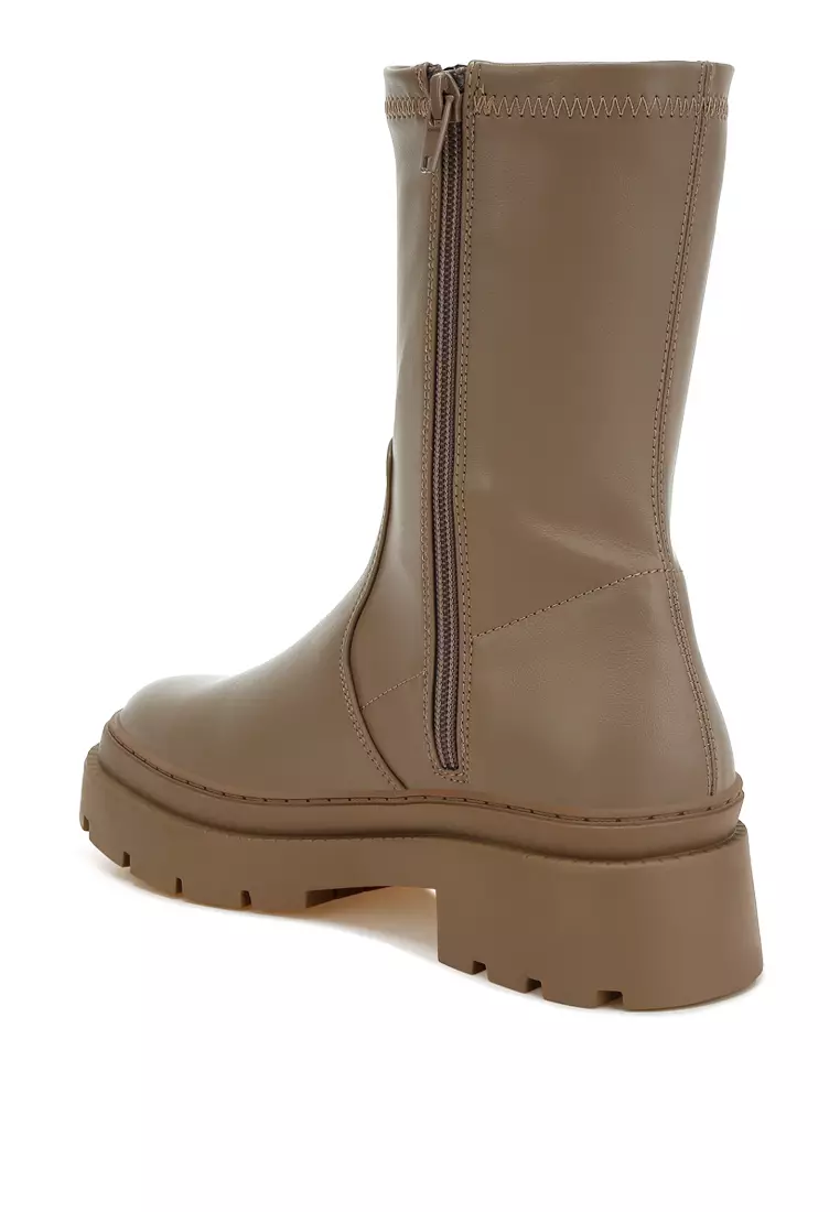 Chunky Faux Leather Calf Boots in Taupe