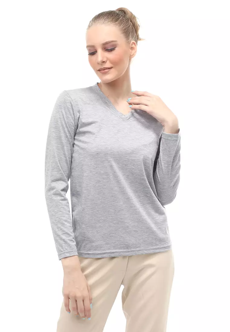 Kaos Polos Atasan Wanita V-Neck Lengan Panjang Design Simple Relaxed Fit - Abu Muda