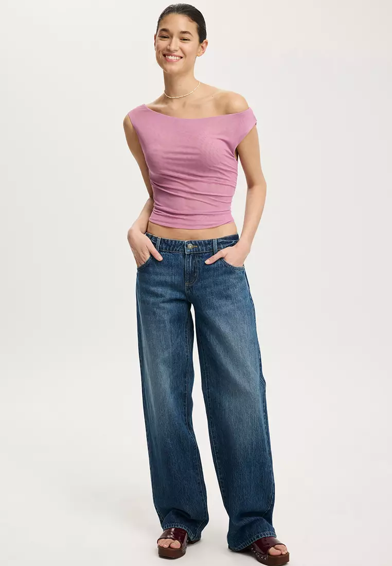 Gathered Mesh Off Shoulder Top