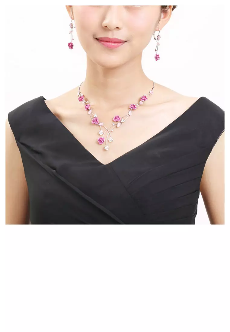 Elegant Rose Necklace with Silver Austrian Element Crystals and Crystal Glass