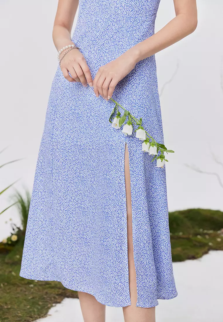 Front Slit Square Neck Floral Midi Dress