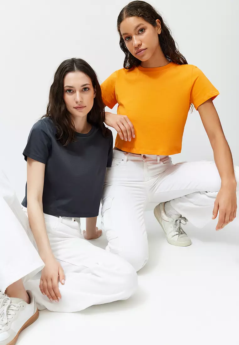 Anthracite-Orange 2-Pack Crop Crew Neck Knitted T-Shirt