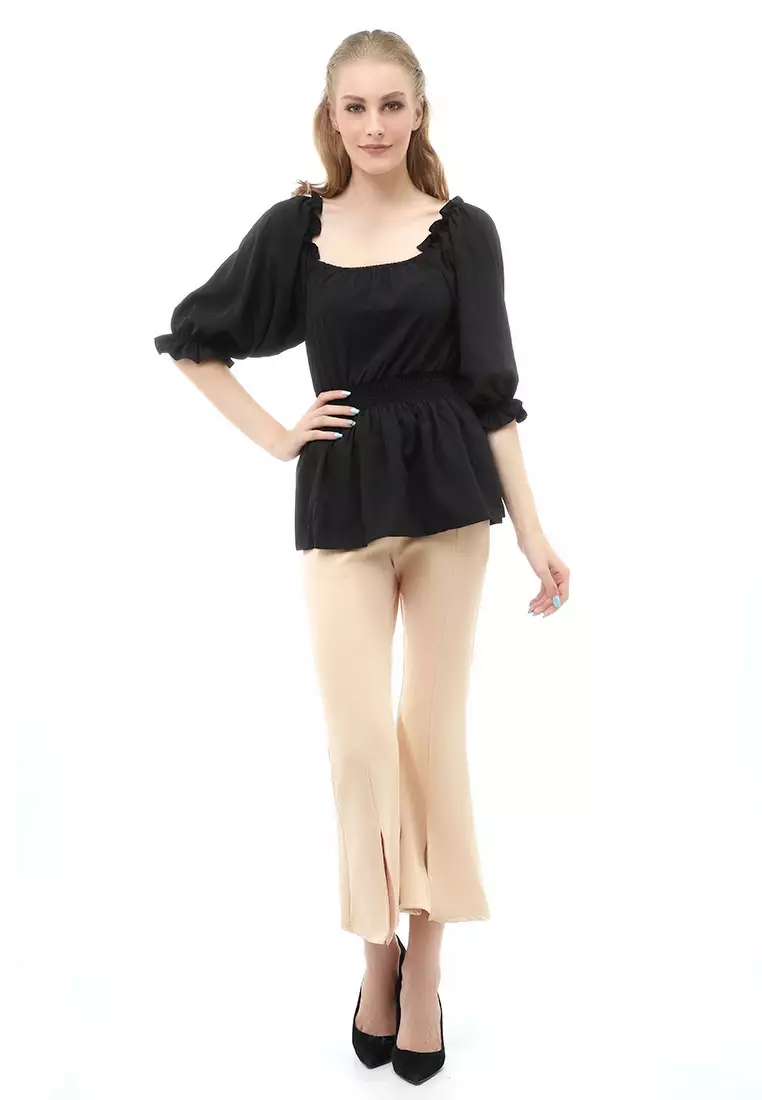 Cheva Blouse Atasan Wanita Sabrina Karet Pinggang Lengan Panjang Casual Shirt Long Sleeve Material Wolfis ORIGINAL - Black