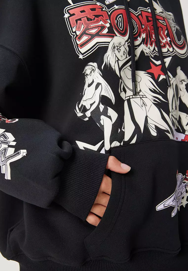 Printed Hooded Raised Knitted Sweatshirt