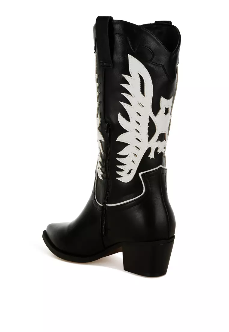 Winged Patchwork Cowboy Boots in Black