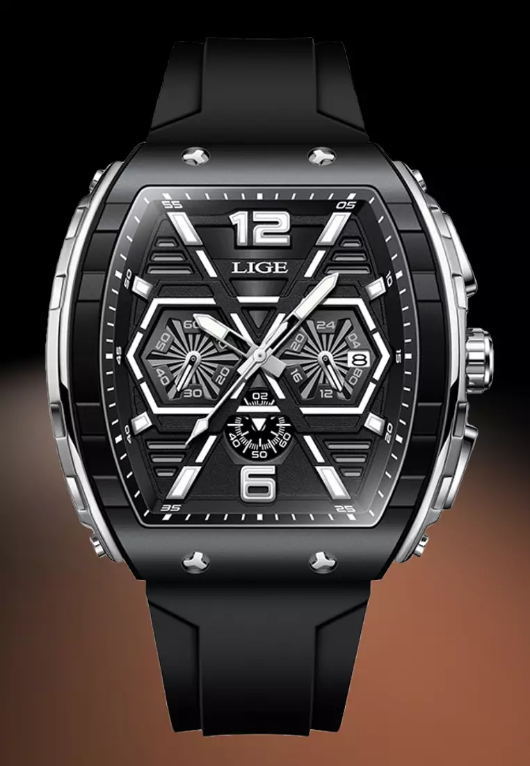 Unisex Tonneau Shaped IP Black Quartz Watch on Rubber Strap