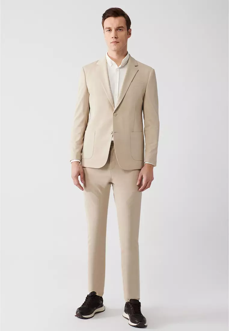 Men's Beige Mono Collar Lined Slit Jersey Fabric Jacket B004000