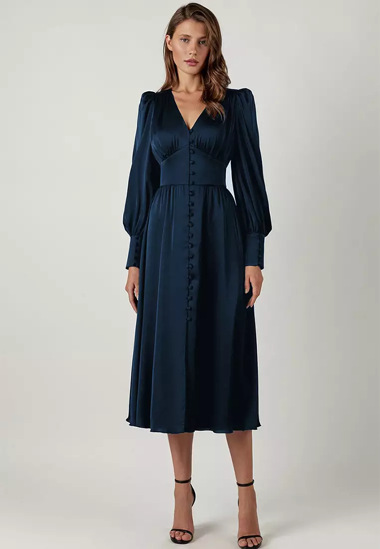 Sunnydaysweety Elegant satin lantern sleeve waist design dress A121822BL