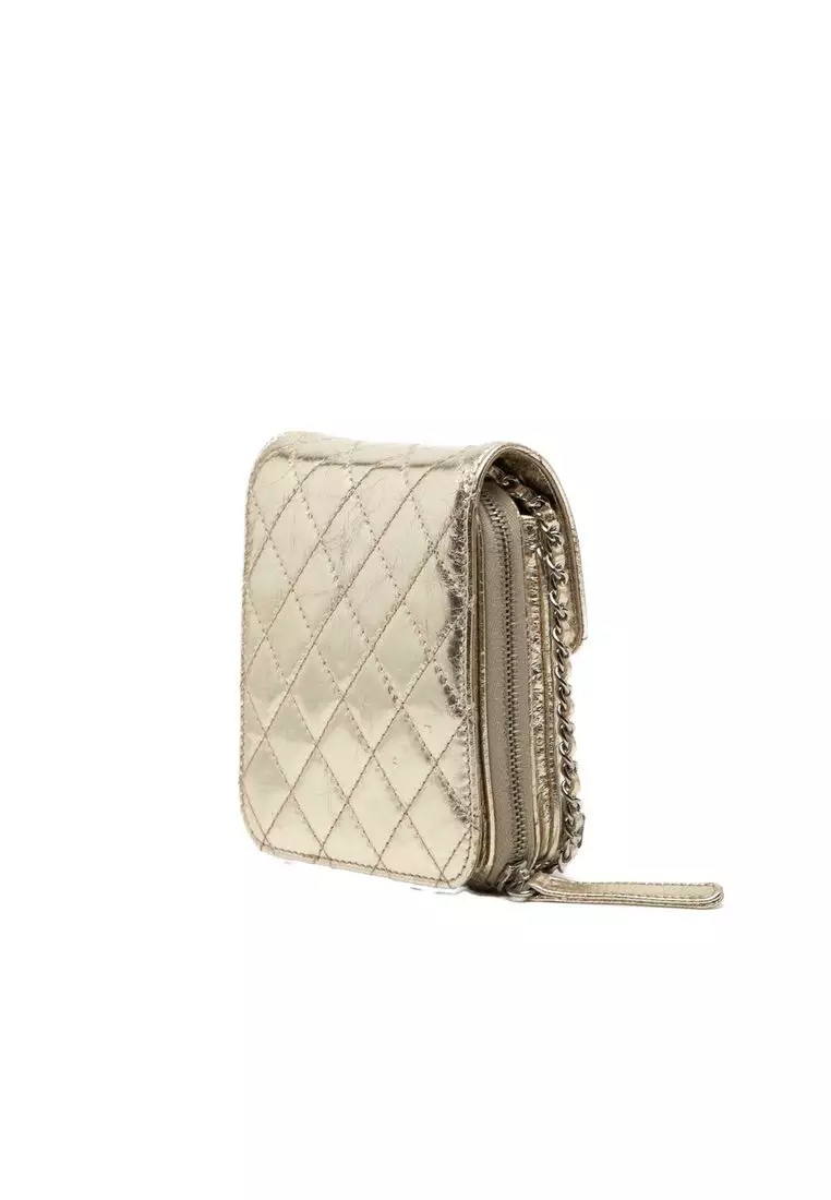 Pre-Loved Chanel Quilted Metallic Aged Calfskin Clams Wallet On Chain
