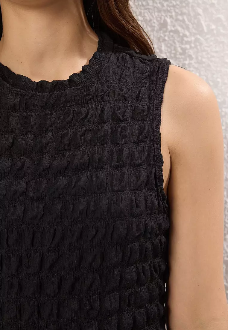 Black Plain Textured A Cut/Bell Shape Crew Neck Textured Maxi Dress Twoss24El00683