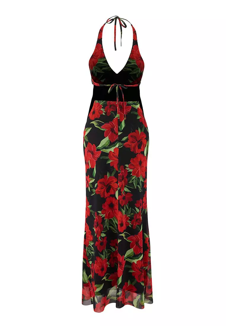 Red Multicolor Lined Tulle Evening Dress