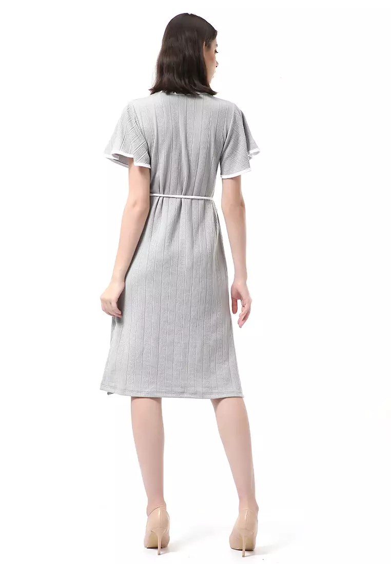 Rachel Dress Wanita Lengan Pendek Model Tali Pinggang Plain Motive Material Curly Kinit ORIGINAL - Gray Mint